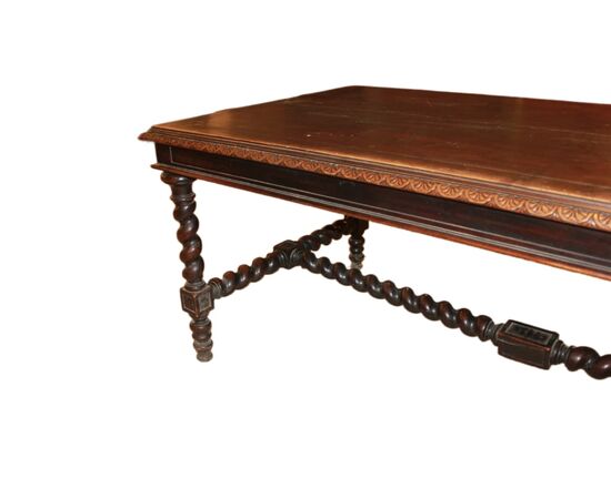 Large early 1800s French walnut table with carvings