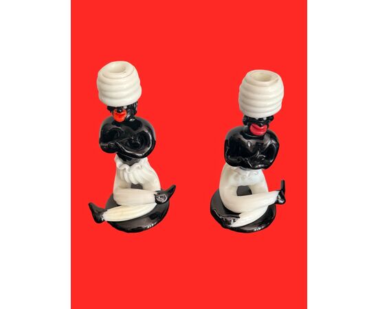Pair of Moorish candle holders in black and lattimo glass. Fulvio Bianconi for Venini. Murano.