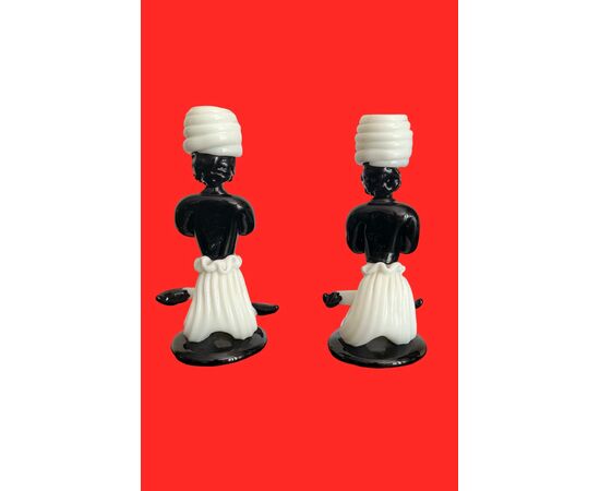 Pair of Moorish candle holders in black and lattimo glass. Fulvio Bianconi for Venini. Murano.