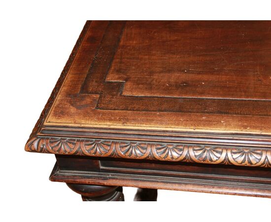 Large early 1800s French walnut table with carvings