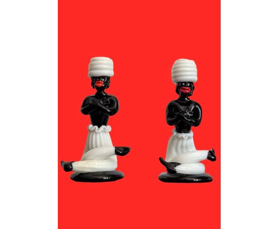 Pair of Moorish candle holders in black and lattimo glass. Fulvio Bianconi for Venini. Murano.