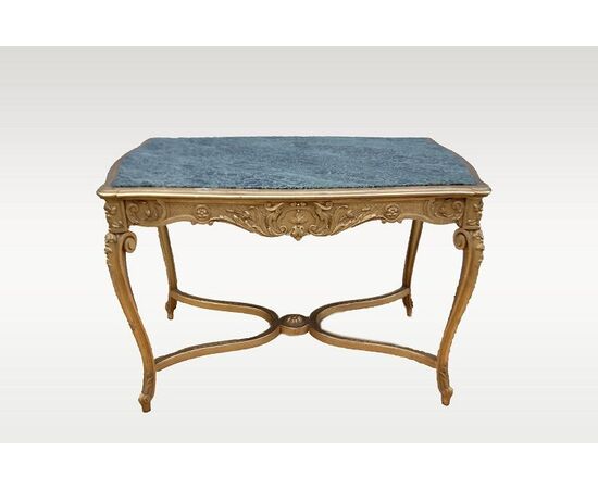Antique Louis XV style gilded coffee table from the 1800s with green Alps marble top