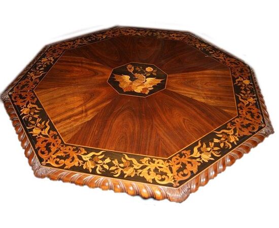 Antique octagonal Dutch table inlaid in walnut of exceptional quality