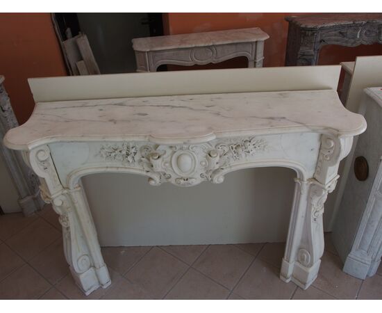 CARRARA WHITE MARBLE FIREPLACE LOUIS XV STYLE FRANCE cm 150xW42xH110