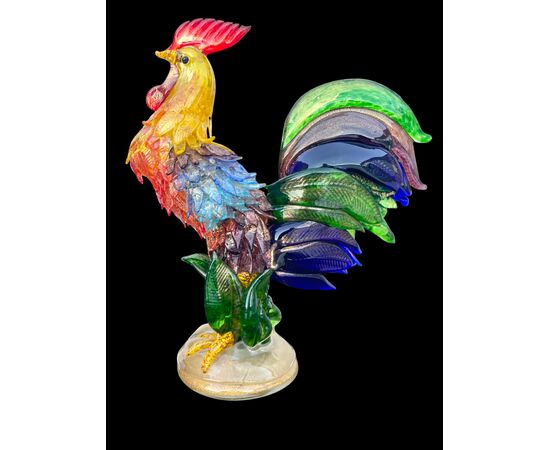 Large multicolored heavy glass rooster with gold inclusions. Aldo Nason for A.Ve.M, Murano
