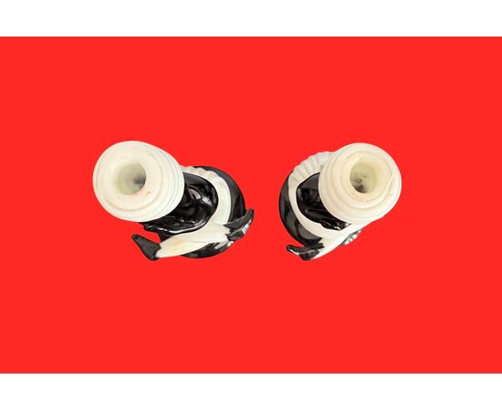 Pair of Moorish candle holders in black and lattimo glass. Fulvio Bianconi for Venini. Murano.