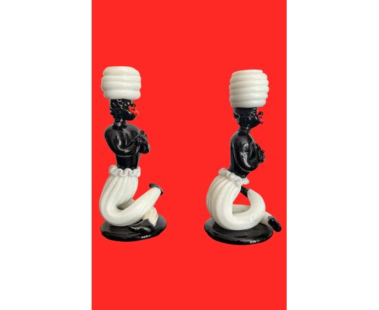 Pair of Moorish candle holders in black and lattimo glass. Fulvio Bianconi for Venini. Murano.