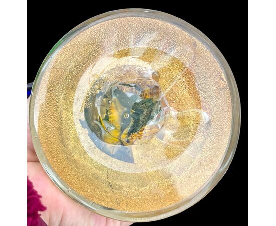 Large multicolored heavy glass rooster with gold inclusions. Aldo Nason for A.Ve.M, Murano