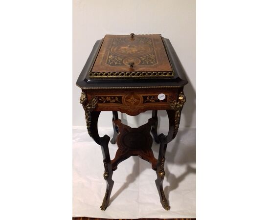 Precious ice-carrier coffee table, inlaid flower box, ebonized Napoleon III style, France, 19th century