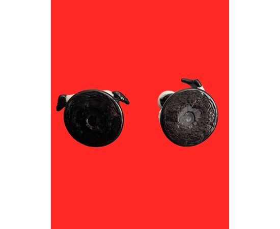 Pair of Moorish candle holders in black and lattimo glass. Fulvio Bianconi for Venini. Murano.