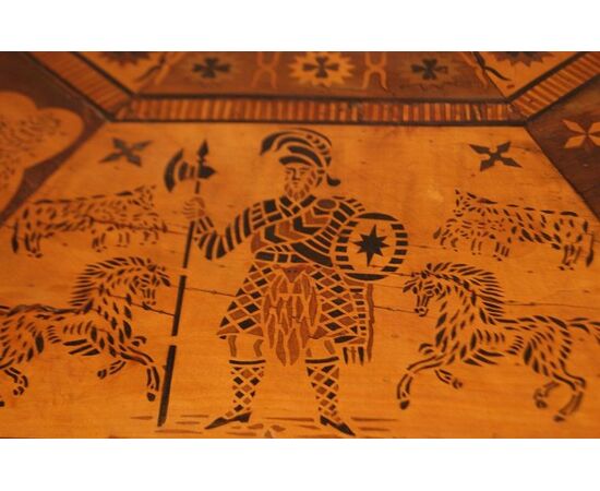 Antique English table with exotic taste from the 1800s, richly inlaid with animals and figures