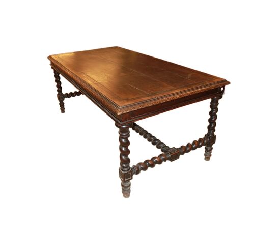 Large early 1800s French walnut table with carvings