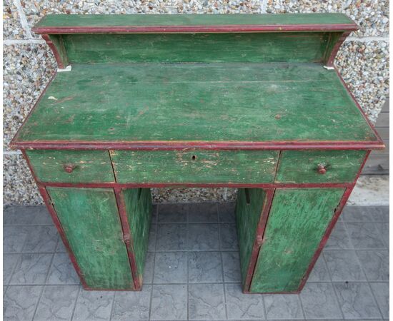 18th-century writing desk with painted drawers, requiring restoration.
