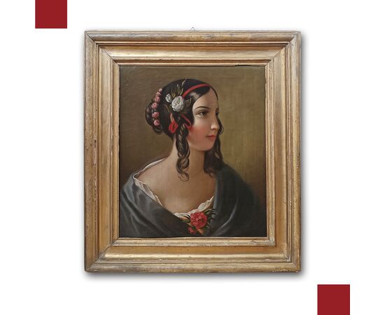 RITRATTO DI GIOVINETTA OLIO SU TELA META’ XIX SECOLO