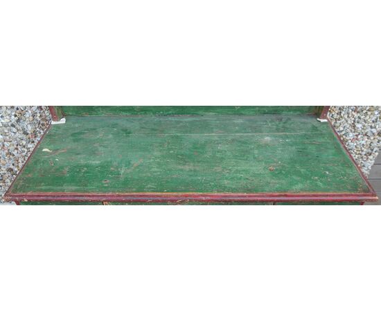 18th-century writing desk with painted drawers, requiring restoration.