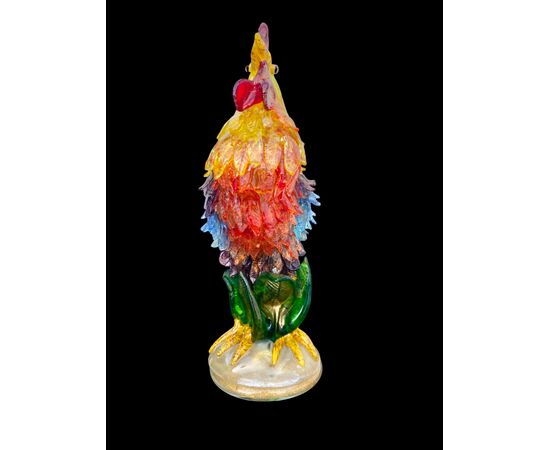 Large multicolored heavy glass rooster with gold inclusions. Aldo Nason for A.Ve.M, Murano