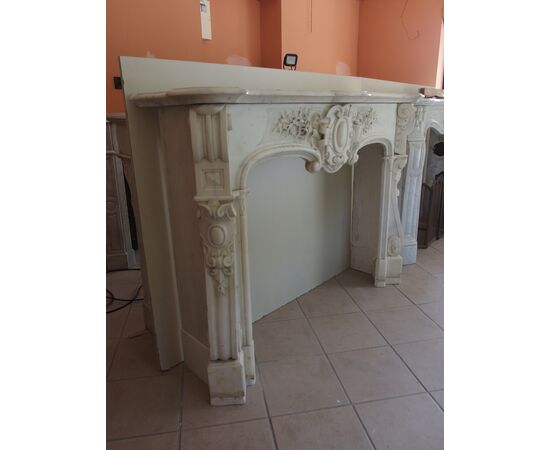 CARRARA WHITE MARBLE FIREPLACE LOUIS XV STYLE FRANCE cm 150xW42xH110