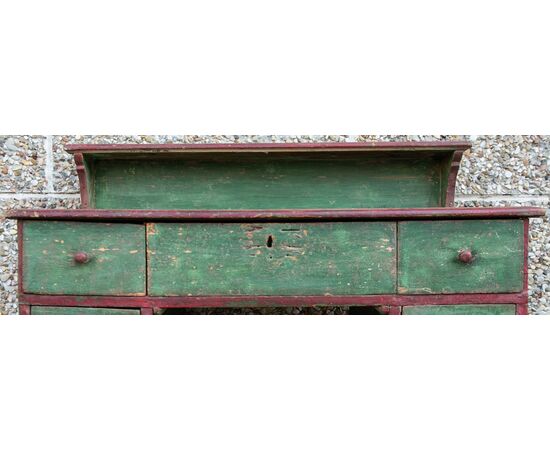 18th-century writing desk with painted drawers, requiring restoration.