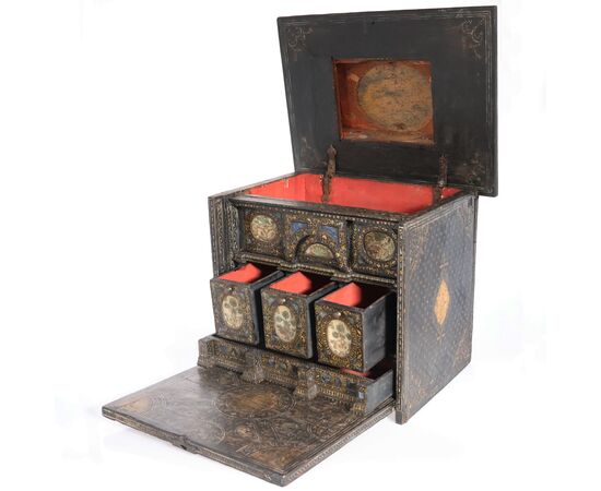 Ebonized wood coffer decorated in damascene style with mother-of-pearl inlays, Venice, 16th century.