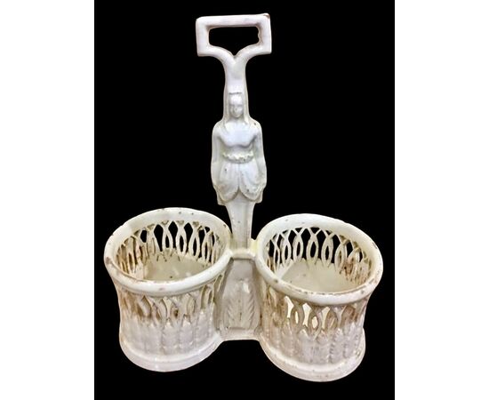 Earthenware oil cruet with neoclassical figure. Benucci and Latti. Pesaro.