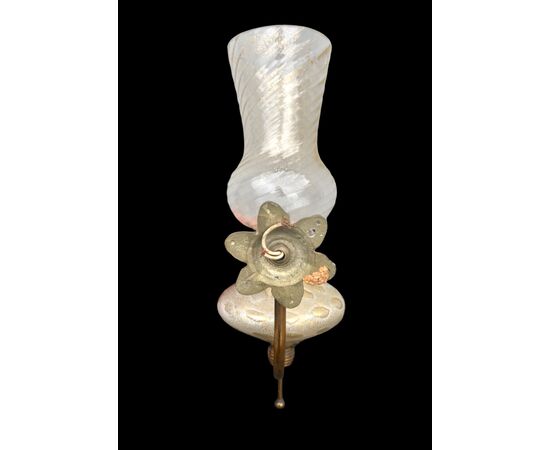 Heavy glass wall lamp with bubble inclusions, milk glass, and gold leaf. Salviati manufacture. Murano.