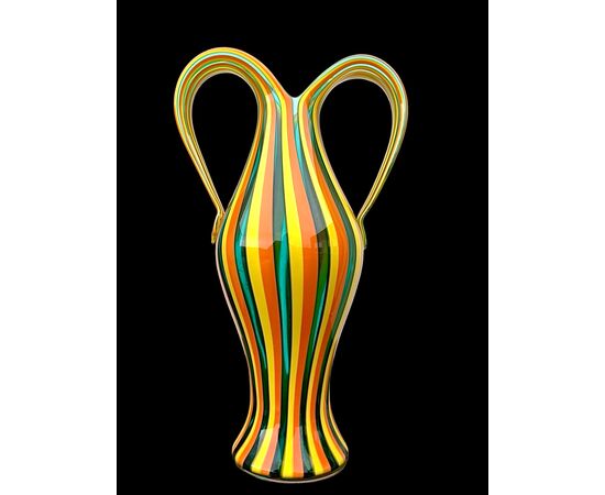 Glass vase with two handles and vertical bands. Salviati. Murano.