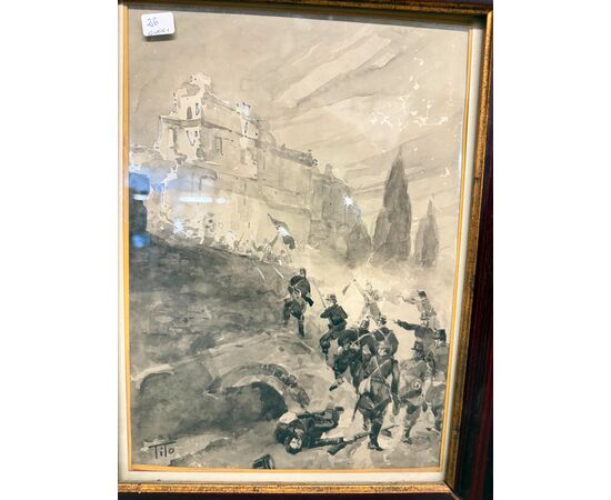 Acquarello Tito Ettore, XIX sec, risorgimento - Assedio Villa del Vascello Roma - 47x38 cm