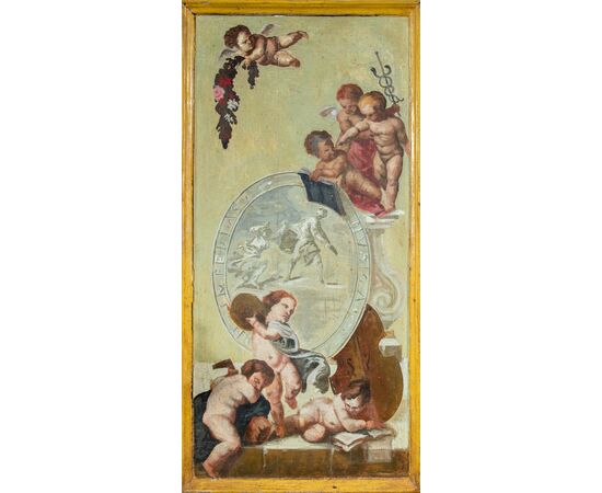 Two-body trumeau in lacquered and painted wood. Rome, 18th century.