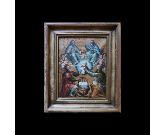 Philip Fruytiers attr., Antwerp 1610 - Antwerp 1666; Saint Joachim and Saint Anne offer the Child Mary to the Holy Trinity, oil on alabaster