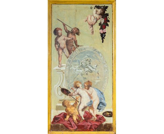 Two-body trumeau in lacquered and painted wood. Rome, 18th century.