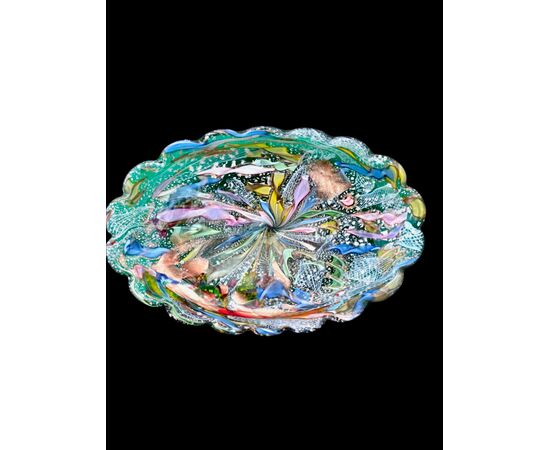 Heavy green submerged glass centerpiece bowl, 'Byzantine' type. A.Ve.M. Murano.
