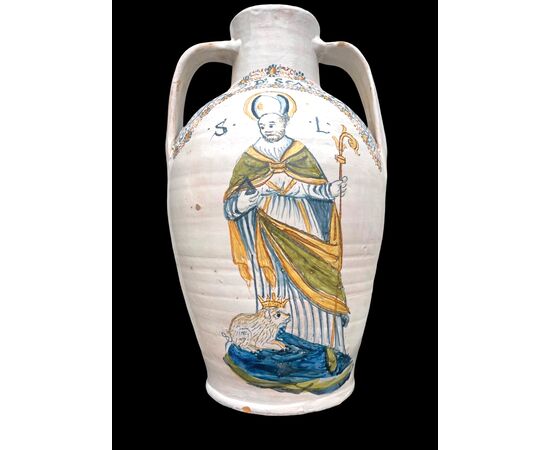Grande vaso biansato in maiolica compendiaria con figura di San Lazzaro.Castelli d’Abruzzo.
