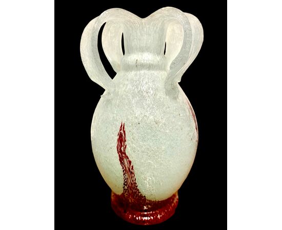 Pulegoso glass vase with four handles. Manufactured by Emanuel Beranek. Czech Republic.