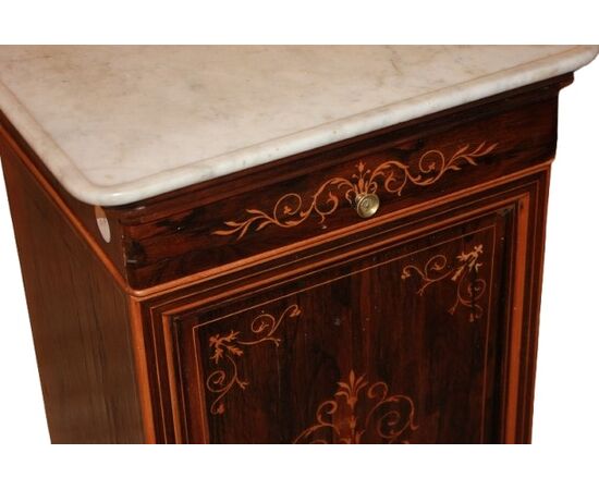 French Charles X style bedside table with marble top and inlays, 19th century