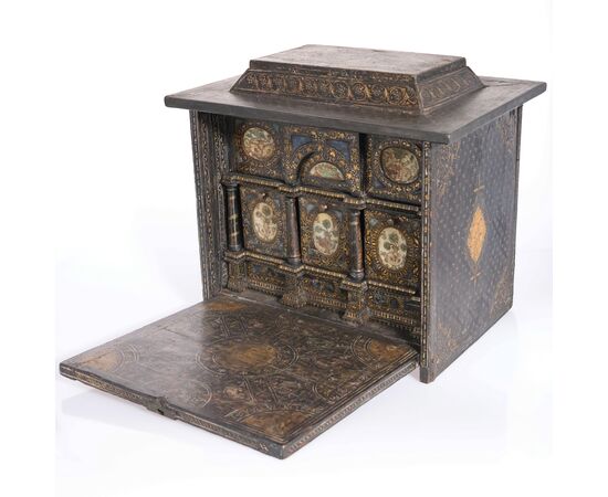 Ebonized wood coffer decorated in damascene style with mother-of-pearl inlays, Venice, 16th century.