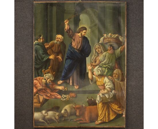Italian painting oil on copper Expulsion of the merchants from the temple