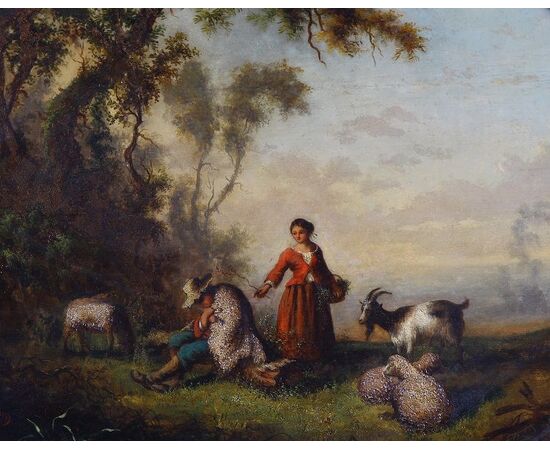 Antique French painting from the 1800s, oil on oval panel with pickled lacquered frame, shepherd with lady and flock.