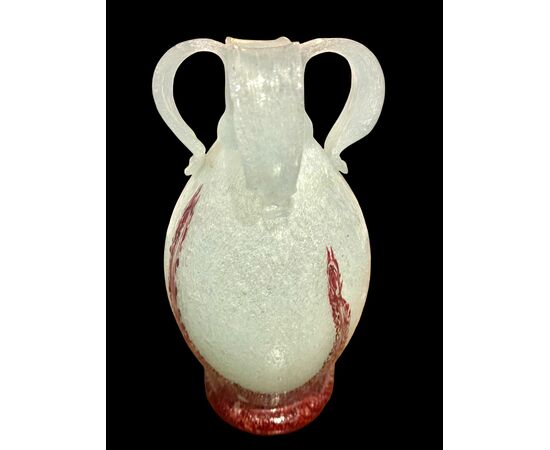 Pulegoso glass vase with four handles. Manufactured by Emanuel Beranek. Czech Republic.