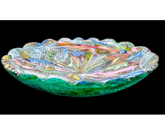Heavy green submerged glass centerpiece bowl, 'Byzantine' type. A.Ve.M. Murano.