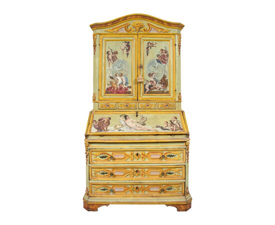 Two-body trumeau in lacquered and painted wood. Rome, 18th century.