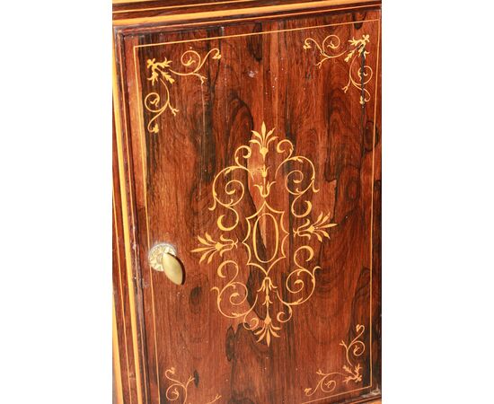 French Charles X style bedside table with marble top and inlays, 19th century
