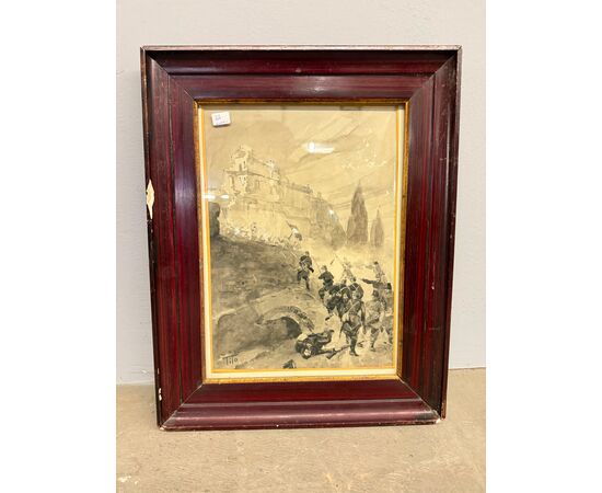 Acquarello Tito Ettore, XIX sec, risorgimento - Assedio Villa del Vascello Roma - 47x38 cm
