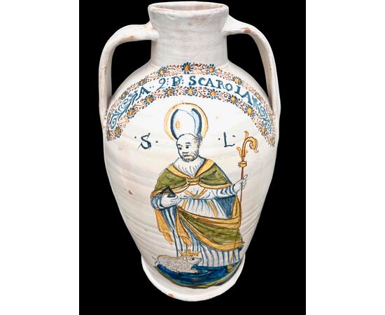 Grande vaso biansato in maiolica compendiaria con figura di San Lazzaro.Castelli d’Abruzzo.