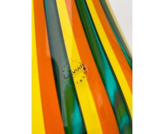 Glass vase with two handles and vertical bands. Salviati. Murano.