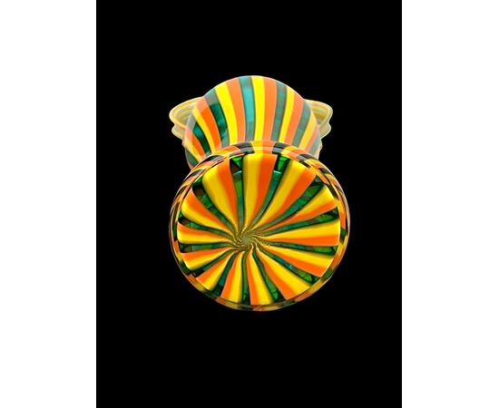 Glass vase with two handles and vertical bands. Salviati. Murano.