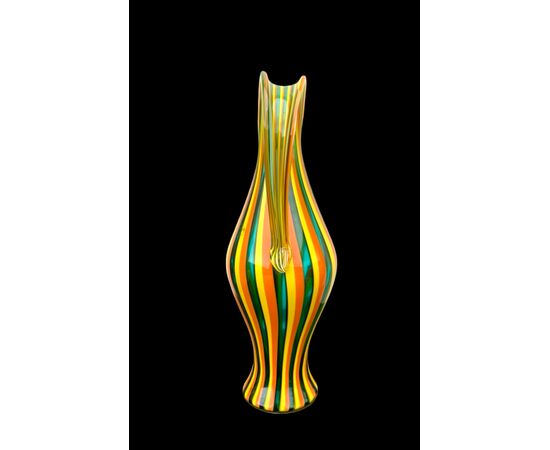 Glass vase with two handles and vertical bands. Salviati. Murano.