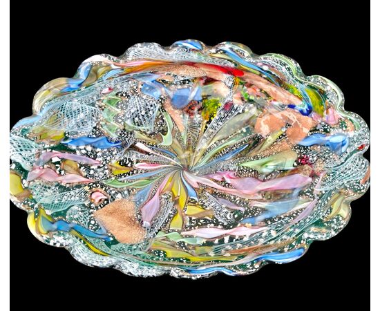 Heavy green submerged glass centerpiece bowl, 'Byzantine' type. A.Ve.M. Murano.