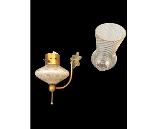 Heavy glass wall lamp with bubble inclusions, milk glass, and gold leaf. Salviati manufacture. Murano.