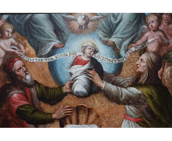 Philip Fruytiers attr., Antwerp 1610 - Antwerp 1666; Saint Joachim and Saint Anne offer the Child Mary to the Holy Trinity, oil on alabaster