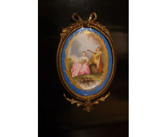 Rich French Ebony Servante sideboard with 19th-century Louis XV style Sevres porcelain medallions